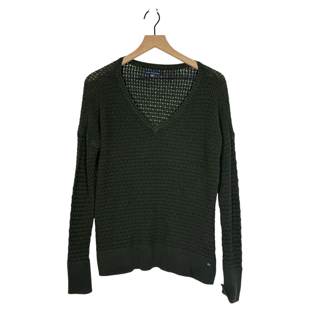 American Eagle Pullover Sweater‎ Size Small Green V-Neck Cable Knit Preppy